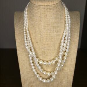 Vintage 1950s Style Multi-Strand Faux Pearl Necklace - Rhinestone Box Clasp